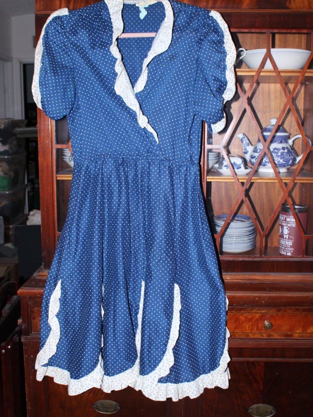 Vintage Ruffled V Neck Blue White Polka Dot Dress News from California! Size - Picture 6 of 7